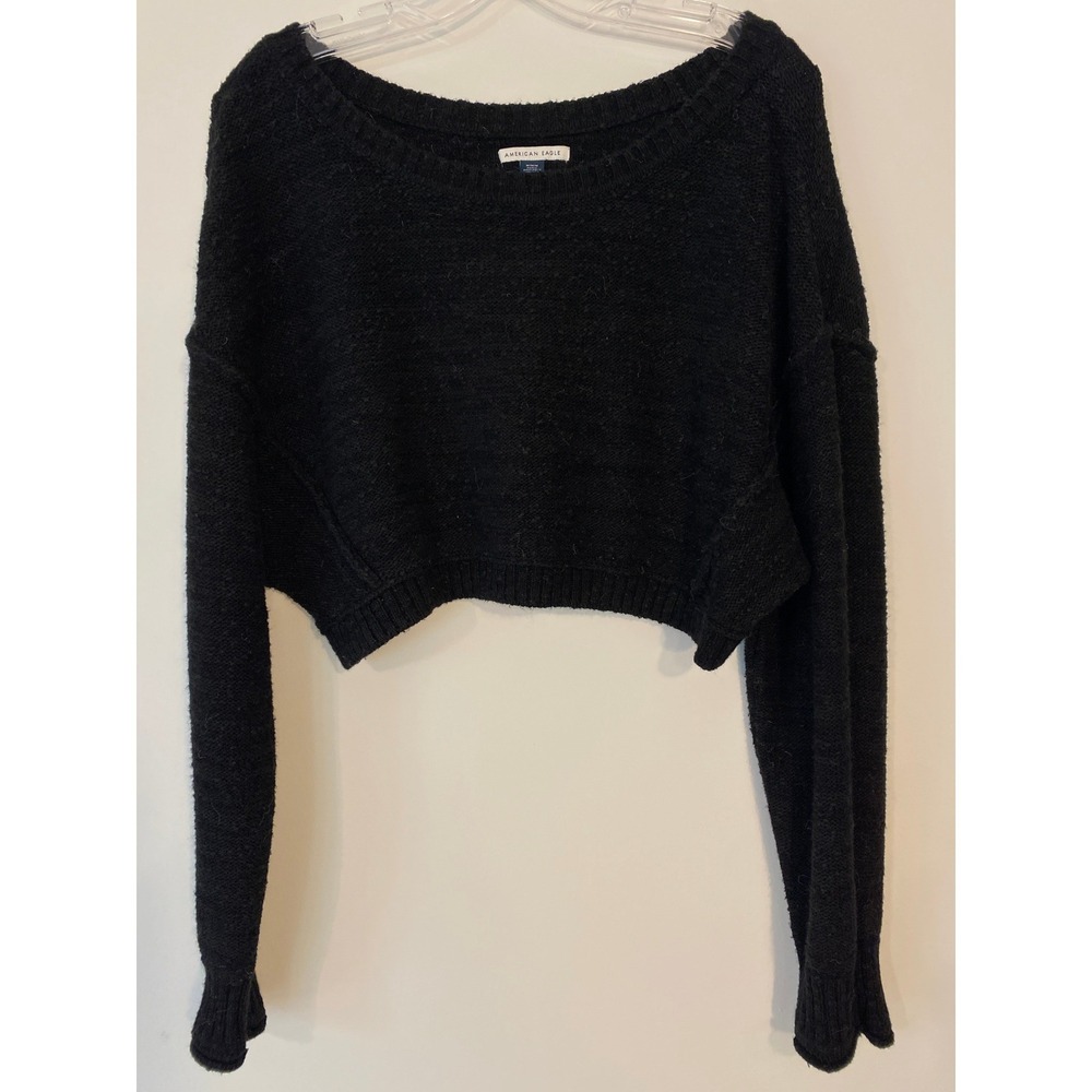 American Eagle Black Cropped Knit Sweater Womens Medium Long Sleeve Crew Neck